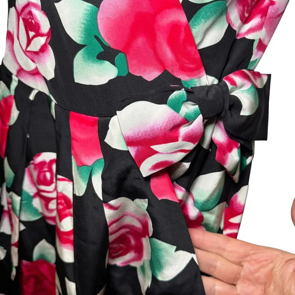 Vintage Nipon Boutique Silk Dress 8 Black Airbrushed‎ Roses Side Bow Wrap Look